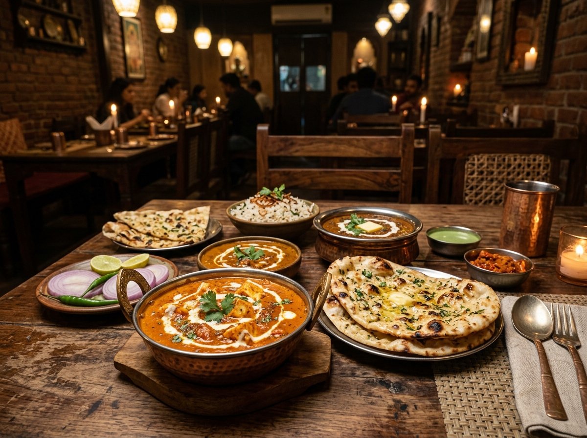 North Indian Cuisine — Paneer Butter Masala, Garlic Naan, Dal Makhani