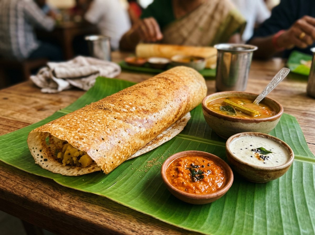 South Indian Cuisine — Crispy Masala Dosa with Sambar and Chutneys